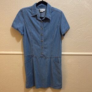 Central Falls Vintage Denim Button-Up Shirt Dress Pockets Shoulder Pads Size L